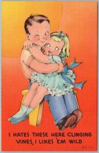 Vintage Lithograph Postcard Cute Kids Hugging by Asheville Post Card Co. H81