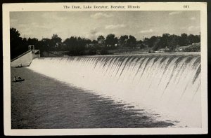 Vintage Postcard 1940's The Dam, Lake Decatur, Decatur, Illinois (IL)