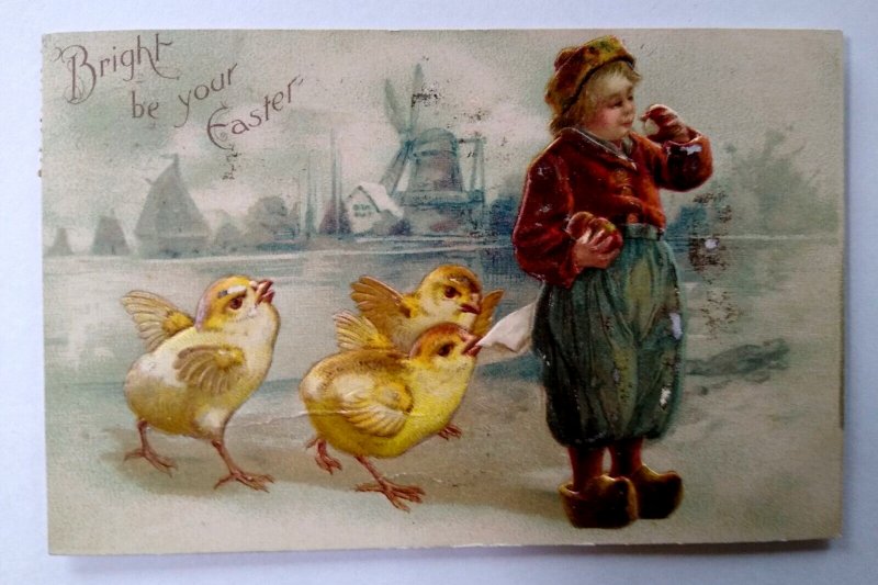 Easter Postcard Dutch Child Wooden Shoes Baby Chicks Windmill Germany Embossed