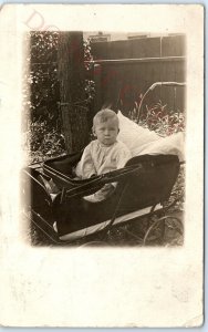 ID'd c1910s Chicago Cute Little Boy Stroller RPPC Real Photo PC James Ott A121