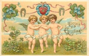 VALENTINE'S DAY-THREE CUPIDS-HORSESHOE-CLOVERS-FORGET ME ...