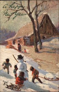 TUCK NEW YEAR Winter Landscapes SNOWMAN SLEDDING APPLIQUE GLITTER PC