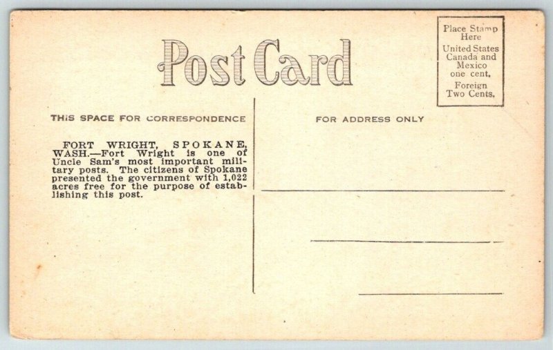 US Army  Fort Wright  Spokane  Washington Postcard  c1910