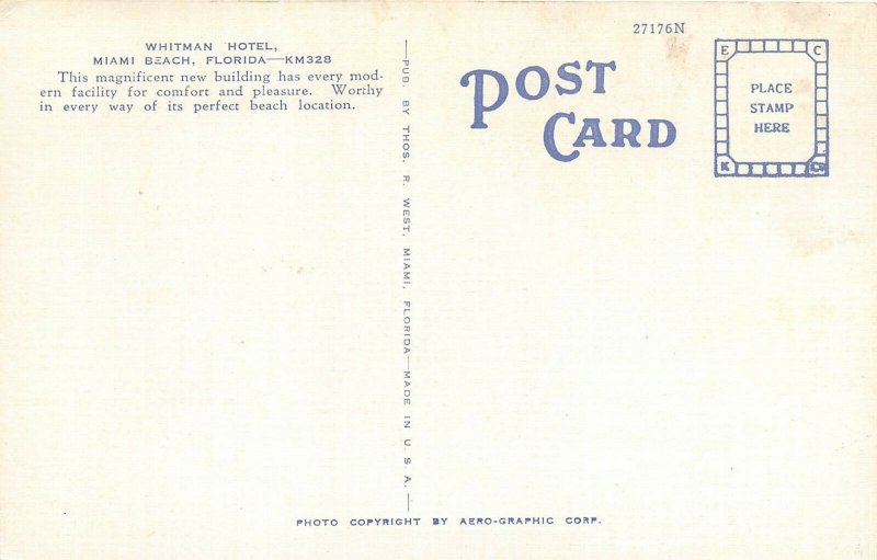 Miami Beach Florida 1940s Postcard Whitman Hotel