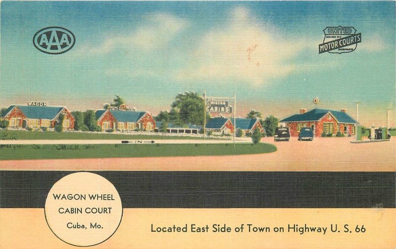Postcard 1940s Route 66 Missouri Cuba Wagon Wheel Cabin Court 23-12953