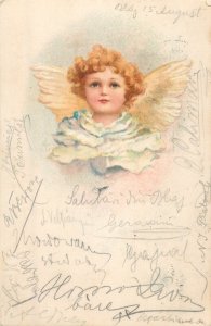 Adorable cherub head angel 1900 greetings litho postcard Romania