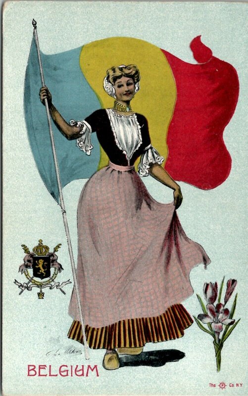 Belgium Woman with Native Costume Proudly Displaying Flag c1900s Postcard U7