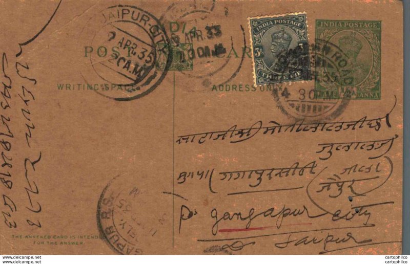 India Postal Stationery George V 9p Jaipur cds