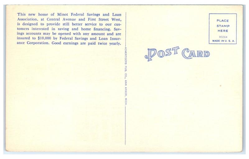 Mid-1900s Minot Federal Savings and Loan, Minot, ND Postcard