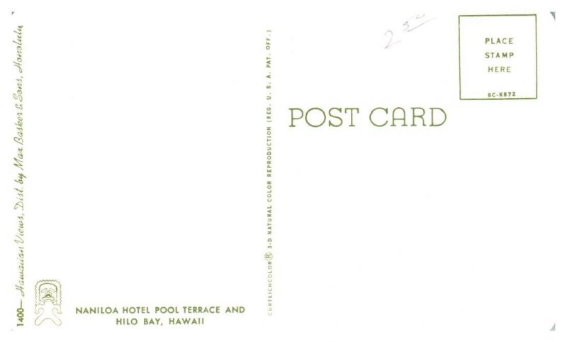 Naniloa Hotel Pool Terrace and Hilo Bay Hawaii Postcard