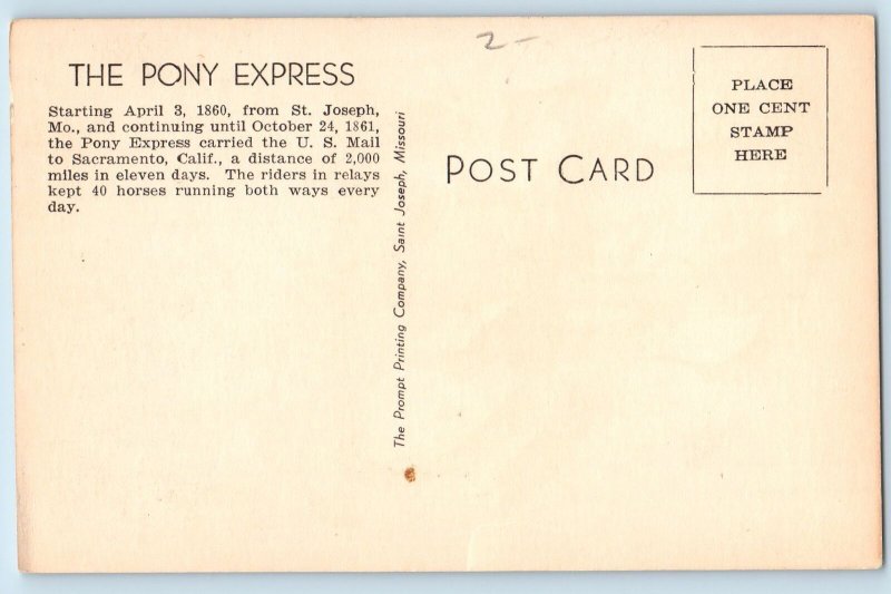 c1940 National Memorial The Pony Express Saint Joseph Missouri Vintage Postcard