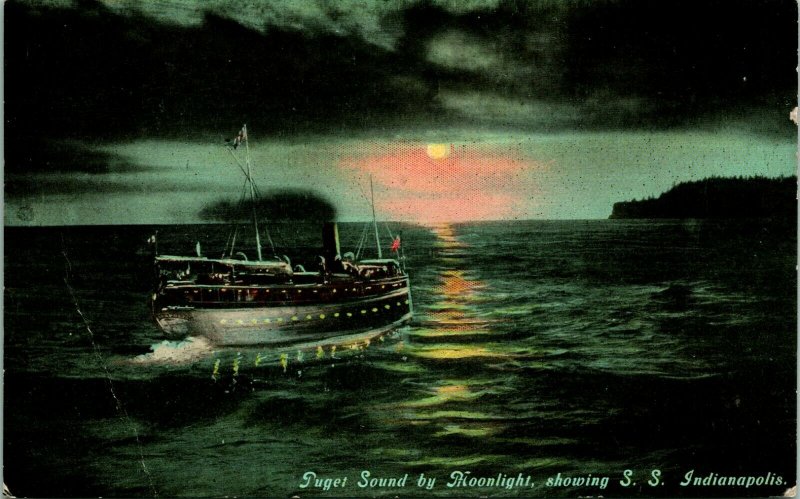 Vtg Postcard 1910s Puget Sound By Moonlight Showing S.S. Indianapolis Unused