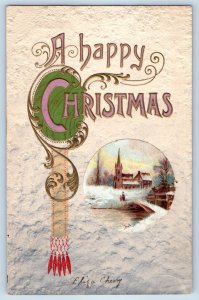 1911 Christmas Church House Winter Scene Embossed Antique Posted Postcard