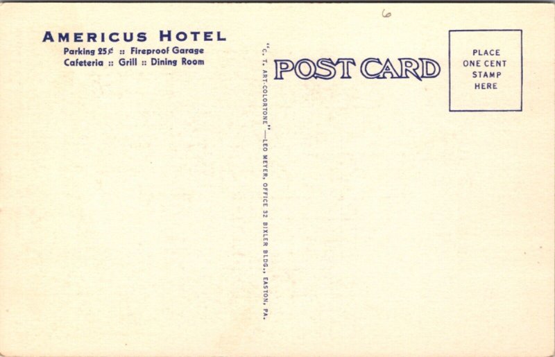 Linen Postcard Americus Hotel 6th and Hamilton Streets in Allentown Pennsylvania