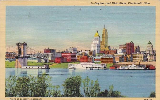 Ohio Cincinnati Skyline and Ohio River 1942 Curteich