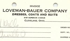 1938 LOVEMAN-BAUER CO. CLEVELAND OH DRESSES COATS SUITS BILLHEAD INVOICE Z1177