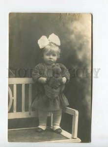 438414 Girl w/ Toy TEDDY BEAR in dress 1925 year Vintage REAL PHOTO