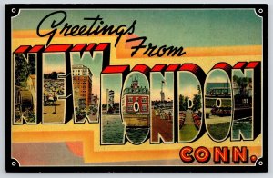 Greetings From New London Connecticut Large Letter Academy & Submarine Postcard