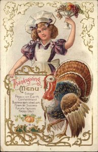 Thanksgiving Children Turkey Gilt Embossed Nash c1910s Postcard