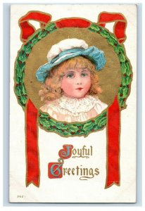 c. 1910 Lovely Girl Bonnet Joyful Christmas Wreath Postcard P42