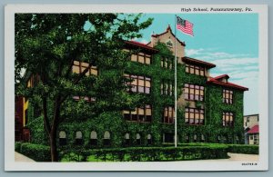 Punxsutawney Pennsylvania~Tall Flag Pole @ Entrance~Ivy-Covered High School 1930