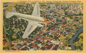 Postcard Maryland Salisbury Aeroplane View Chesapeake Cann Teich 23-3130