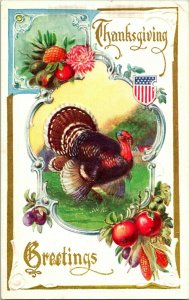 Vtg Embossed Unused Thanksgiving Turkey Patriotic Crest Harvest Gilded Unposted