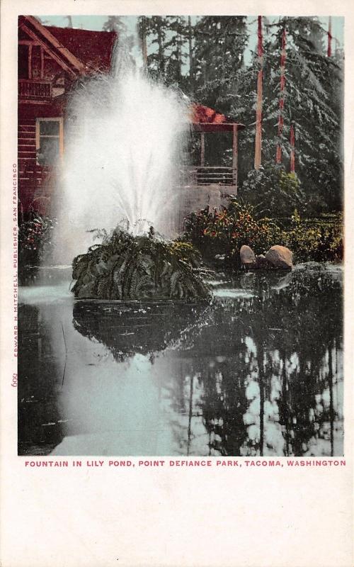 Tacoma Washington~Point Defiance Park-Fountain in Lily Pond~Log Cabin~c1905 Pc