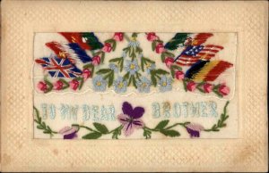 WWI Patriotic Embroidered Silk Allied Flags TO MY BROTHER c1915 Postcard