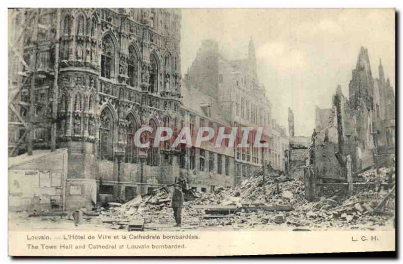 Old Postcard The Army Leuven Town Hall and the cathedral bombed