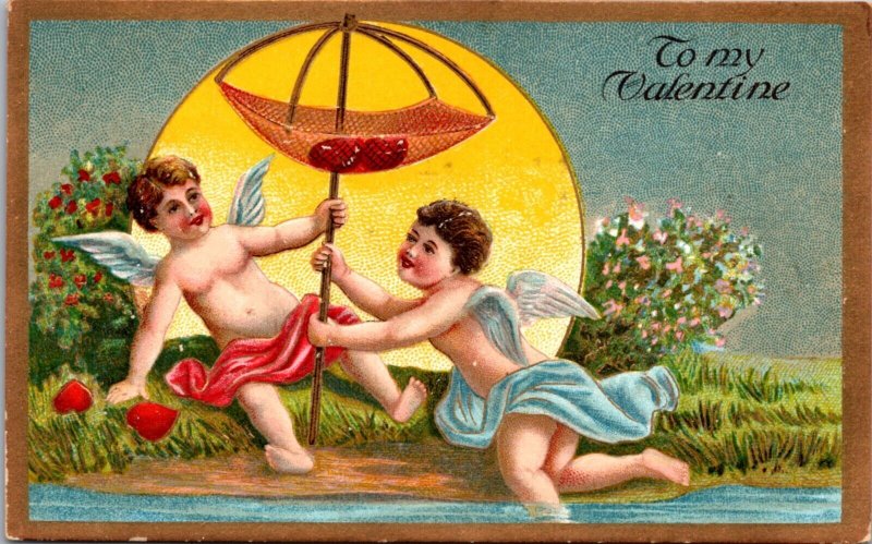 Valentine's Day Postcard Cherubs Using a Net to Fish for Heart from Water