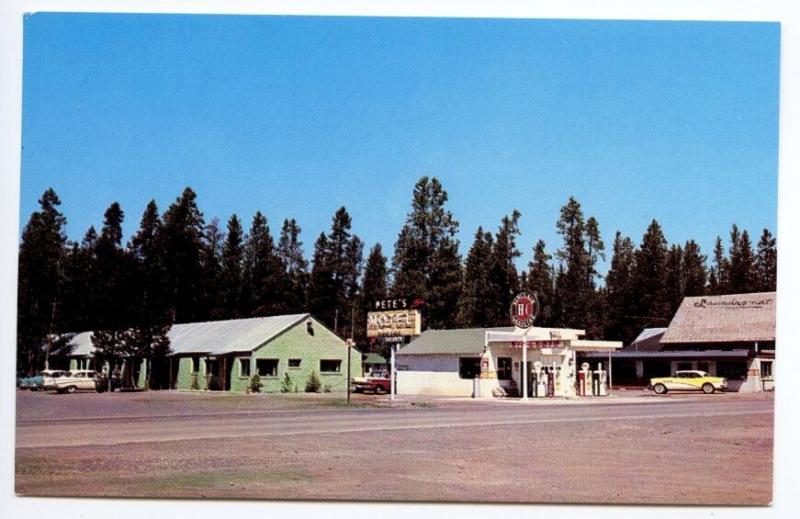 West Yellowstone MT Socony Gas Station Pete's Motel Laundry mat Cars Postcard