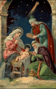 EAS Christmas Baby Jesus Mary Wisemen Nativity c1910 Gel Postcard