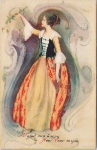 Woman Elegant Fashionable 'Glad and Happy New Year' c1920 Wolf & Co Postcard G64