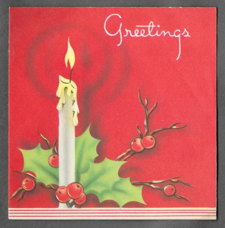 VINTAGE 1940s WWII ERA Christmas Greeting Holiday Card CANDLE & HOLLY Art Deco