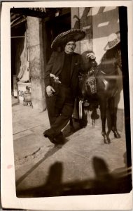 RPPC Man Sombrero Hat and Life Sized Plastic Horse Postcard A28