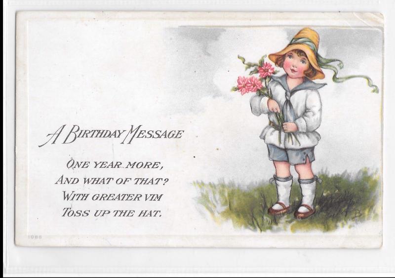 Vintage Postcard A Birthday Message Girl Flowers Embossed Dated 1919 Unposted