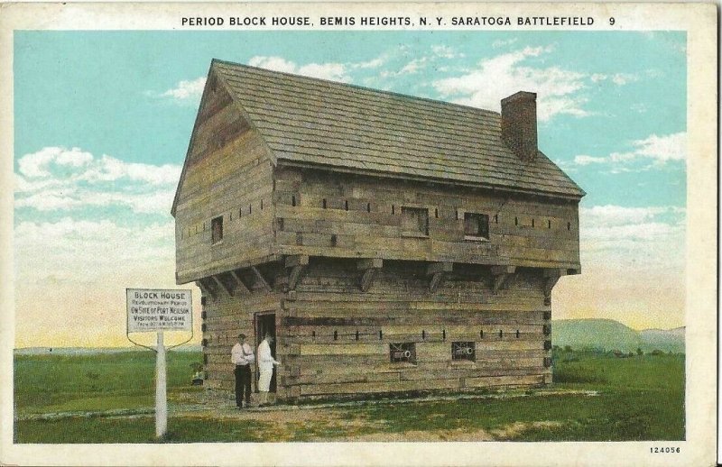 Postcard: Period Block House Bemis Heights, N.Y. Saratoga Battlefield - Cannons  