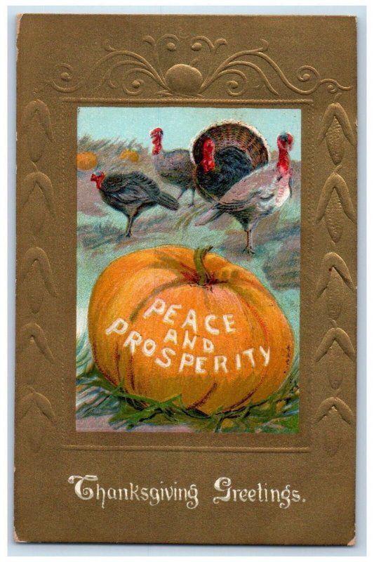 1909 Thanksgiving Greetings Turkeys And Giant Pumpkin Winsch Back Postcard 