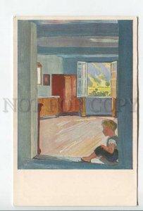 461892 Albert WELTI Boy in Window Blue House Vintage postcard