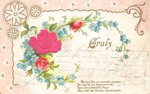 Greetings Love Romance 1903 Roses Forget-me-not Flowers Poem embossed postcard