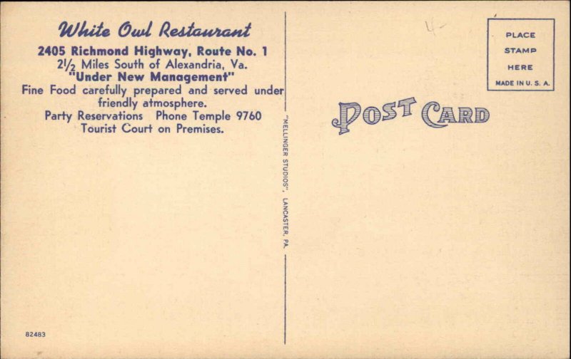 Richmond Virginia VA White Owl Restaurant Linen Vintage Postcard