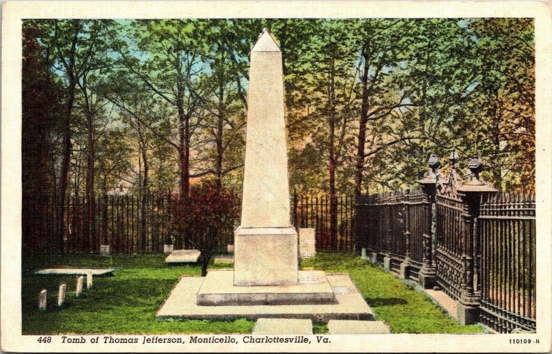 Tomb Thomas Jefferson Monticello Charlottesville VA WB Postcard UNP VTG Unused 