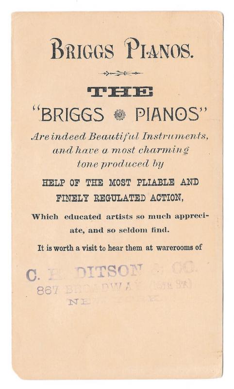 1909 Victorian Trade Card Briggs Pianos Boston MA Pretty Girl Snowballs Winter