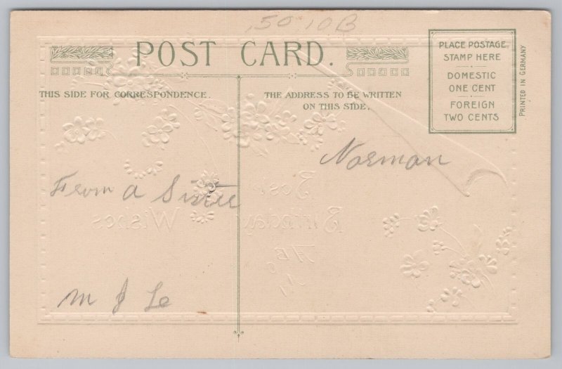 Birthday~Corner Pull Down~Folks On Path~Blue Posies~Gold~Emb~John Winsch~Vtg PC