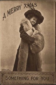 Christmas Fancy Pretty Woman Fur Coat Muff Flirting c1900s-20s Postcard