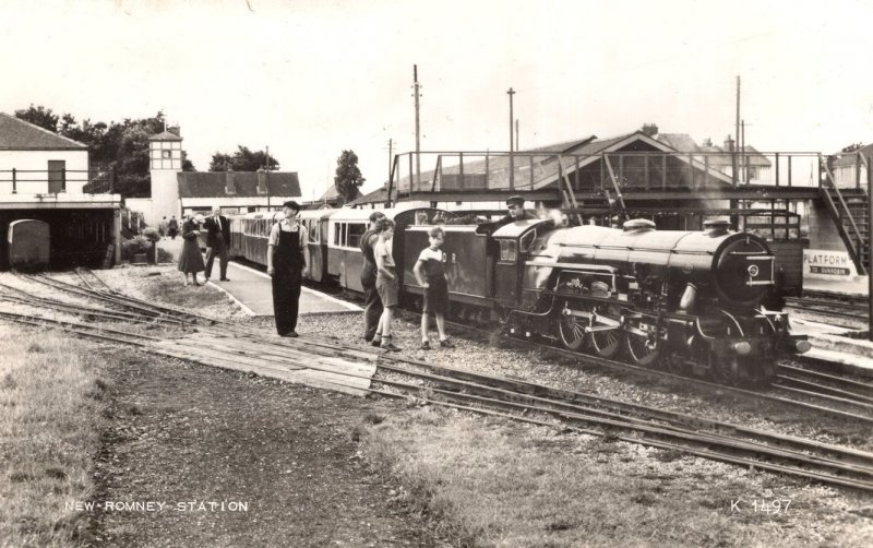 Romney Railway Train Station Platform Dungarees Children Real Photo Postcard