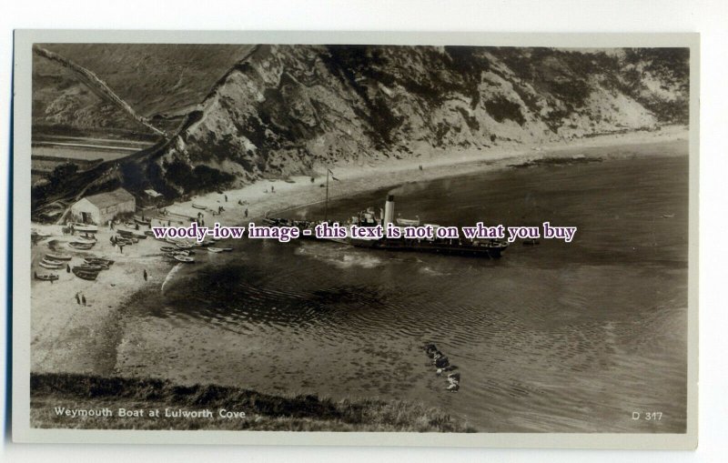 aj0571 - Dorset - Paddle Steamer at Lulworth Cove, from Cliffs - Postcard