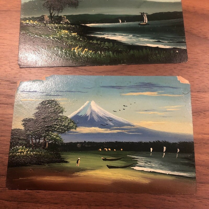 Lot of 2 : Japan Old Genuine Hand Painted Postcard Landscape Boats Water River 