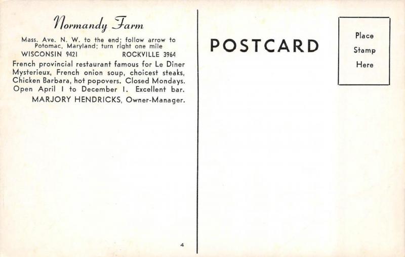 POTOMAC, MD Maryland  NORMANDY FARM RESTAURANT~Interior  ROADSIDE  B&W Postcard